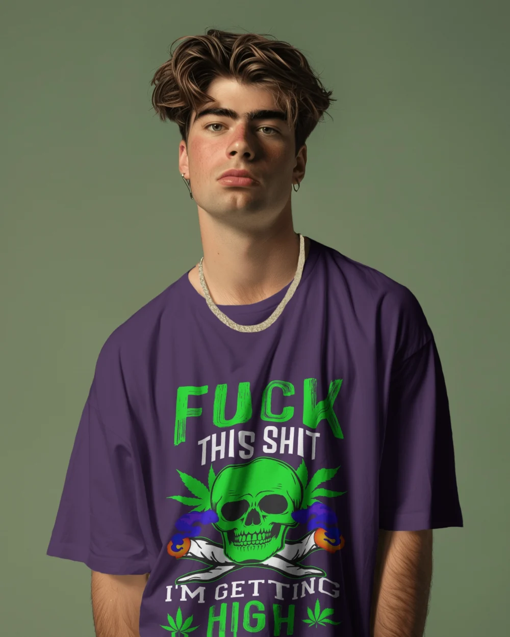 Fck This Shi I’m Getting High Oversized Unisex T-Shirt | 240 GSM Heavyweight Cotton Skull & Joint Weed Graphic Tee – TripTribe® - Image 19