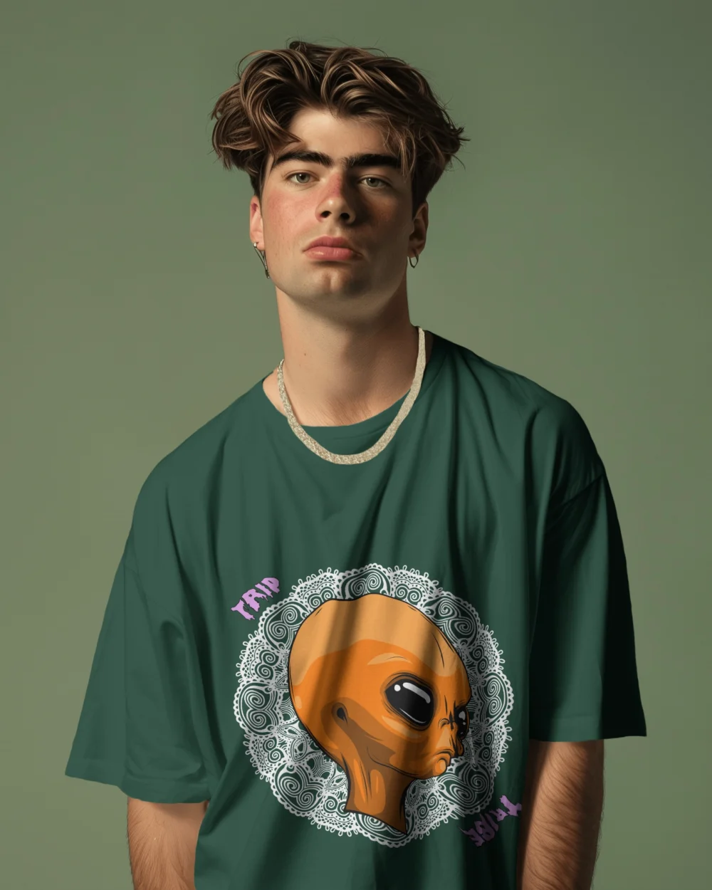 Mandala Alien Unisex Oversized T-Shirt – Trippy Orange Alien x Mandala Graphic | 240 GSM | TripTribe® - Image 8